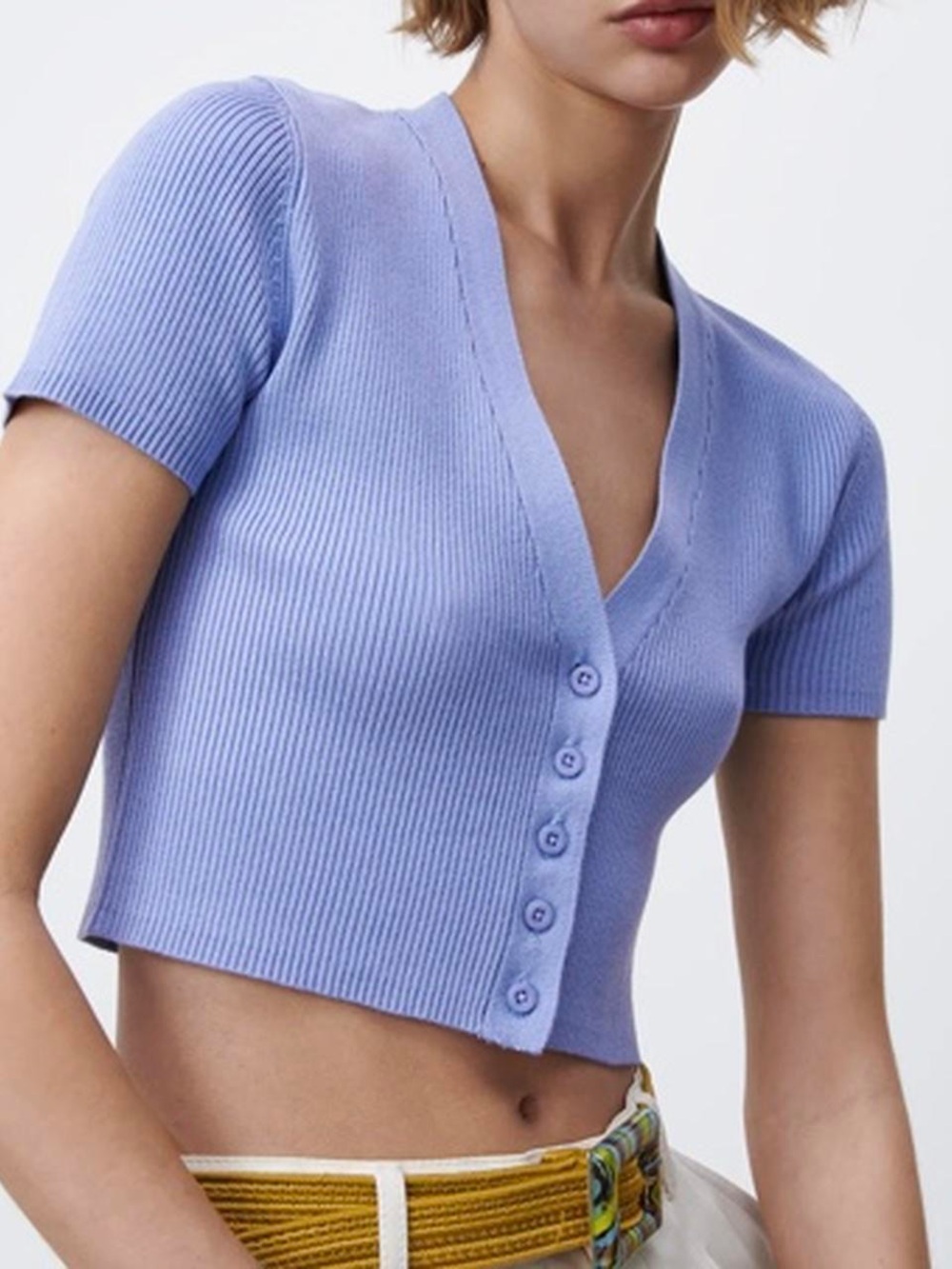 Zara Periwinkle Blue Ribbed Cropped Button Cardigan Crop Top